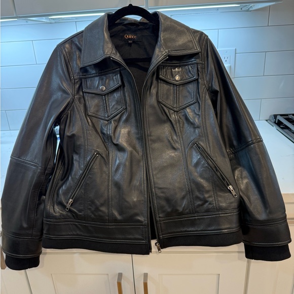 Quince Black Leather Jacket with Zip-out Hoodie Dickie - Picture 4 of 8